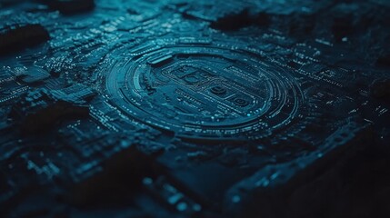 Poster - Shield. Abstract wireframe illustration on a dark blue background. Symbolizing protection and security. Digital shield depicted against an abstract technology backdrop. 3D rendering