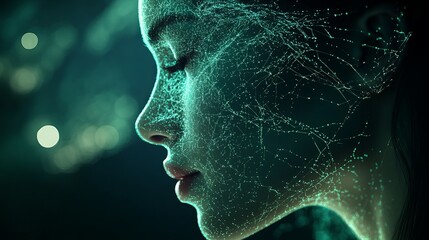 Poster - Abstract Digital Female Face Portrait Teal Network Glowing Lines Modern Art Futuristic Technology Concept Digital Illustration Elegant Design Artistic