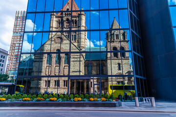 Wall Mural - A view of the Trinity church reflected in a buildings windows in Boston in the fall