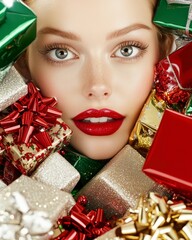 Wall Mural - woman with red lips surrounded by christmas gifts