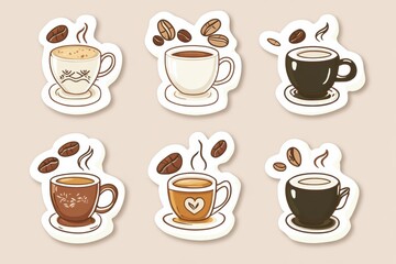 Aufkleber - Coffee lovers delight with style stickers featuring diverse coffee cups and coffee beans in unique designs. Generative AI
