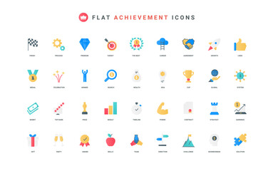 Fototapete - Business achievement success, progress in challenge and growth strategy, money and earnings of employee color icon set. Ability and solution, skills to achieve goal flat elements vector illustration
