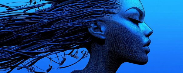 Poster - Digital human face. Stock AI. Dispersion, dissolution, disintegration. 3d Render illustration