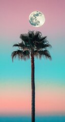 Wall Mural - palm tree, full moon, pastel sky, desert, poster