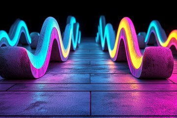 Poster - Wave lines trailing dynamically in a spectrum of colors, isolated against a black backdrop. This abstract futuristic scene evokes a sense of science, digital, and communication concepts