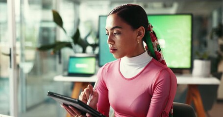 Aufkleber - Creative, serious and woman with tablet, online and stylus for web design, illustration and project. Office, graphic designer and person with skills for business, planning and artist with app