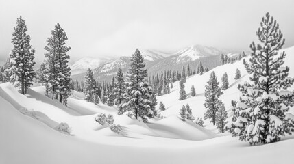 Sticker - Serene Winter Landscape: Snow-Covered Mountains and Pines