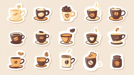 Aufkleber - Creative style stickers featuring various coffee cups and coffee beans designs for all coffee lovers. Generative AI