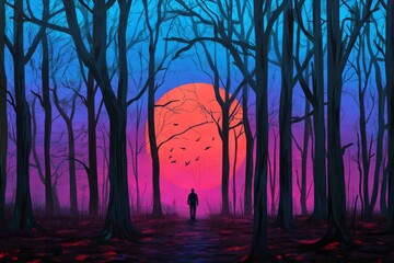 Person strolling towards the sunset in a dramatic and ethereal digital illustration