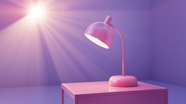 Minimalist 3D rendering of a pink table lamp on a nightstand, set against a purple background with bright studio lighting, emphasizing the simplicity of home interior design.