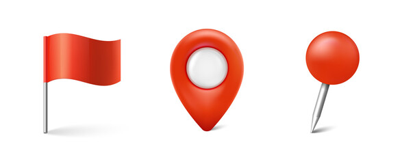 Fototapete - pin set. map marks for gps point. 3d red pushpins or board tacks for paper notice. jpg image