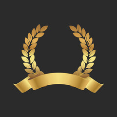 Wall Mural - Gold laurel with ribbon. Golden laurel wreath frame. First place medal. Award icon, winner emblem. JPG image