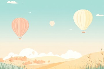 Fototapete - Hot air balloons soar gracefully above a serene field at dawn with soft pastel colors filling the sky. Generative AI