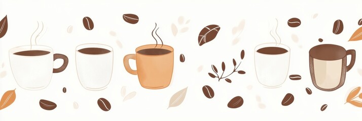 Aufkleber - coffee cup stickers featuring various styles and designs with floating coffee beans and leaves for casual branding. Generative AI