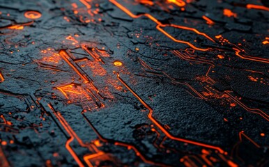 Poster - a futuristic, dark textured background featuring glowing orange lines, perfect for technology-themed