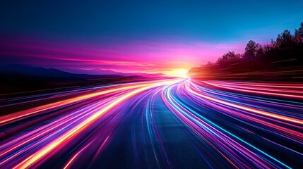 Poster - A vibrant backdrop featuring colors of pink, orange, and blue with a motion blur effect, set in an abstract scene within a broadcasting studio, illuminated by a gradient light with a glowing