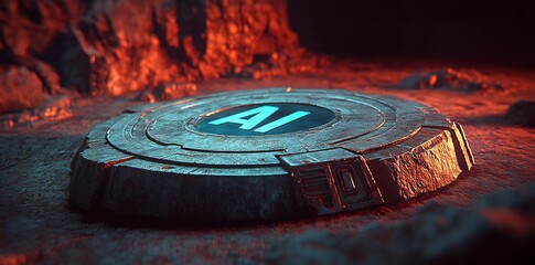 Fototapete - An abstract digital AI concept with shimmering blue lights