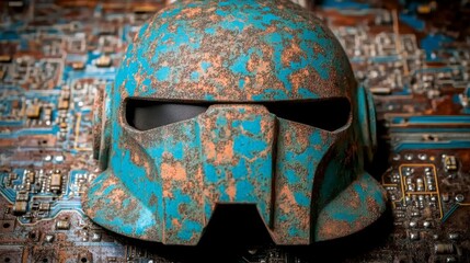 Poster - A futuristic helmet rests atop a circuit board, embodying the fusion of technology and defense