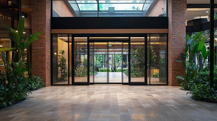 Indonesia's Summarecon Mall in Bandung. Automatic sliding doors that open into a modern masonry structure