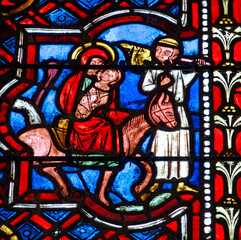  Stained glass (19th century) of Holy Family: The Escape to Egypt..