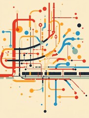 Poster - Metro station plan with subway lines, colorful design of underground transport layout and connections. Generative AI