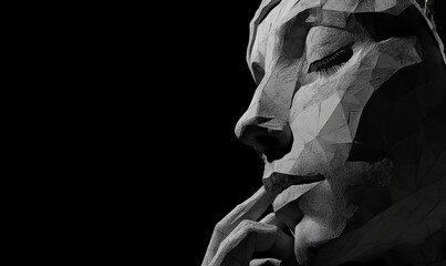 Poster - A polygonal human face depicted in 3D, showcasing the construction of a cyborg head. This is a stock concept
