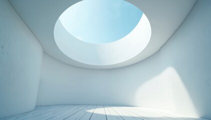 Poster - Abstract architecture background with curved white wall. A round window on the ceiling, and wooden floor. Modern interior design and minimalist architectural space concept.