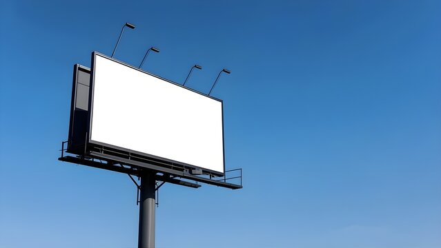 Outdoor pole billboard on blue sky background with mock up white screen and clipping path,frame,poster,ad