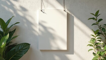 Aufkleber - White square blank sign hangs on light stone wall. Plants cast shadows. Signage template, advertising board for shop, cafe. Mockup for logo, text insert.