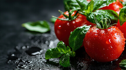 Wall Mural -   A cluster of ripe red tomatoes sits atop a dark table surrounded by lush greenery and a light drizzle of water