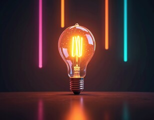 Poster - Creative light bulb with colorful neon trails on dark background. Glowing electric lamp illustration symbolizes innovation, bright idea and inspiration. Good for creativity or invention concepts.