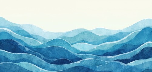 Aufkleber - Illustration of layered blue ocean water waves. Wavy lines with transparent sea foam watercolor effect. Design layout for text copyspace. Clean lake water surface background.