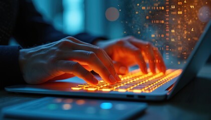Poster - Close-up of person typing on laptop with glowing keyboard. Digital numbers overlay. Concept of online success, marketing analytics, data science, IT technology, big data.
