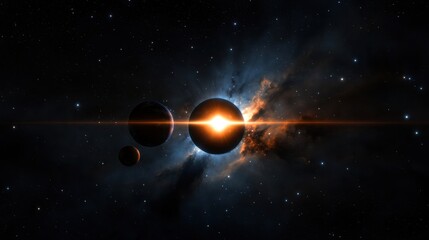 Wall Mural - a mesmerizing cosmic formation showcases three planets orbiting a bright star, surrounded by colorfu