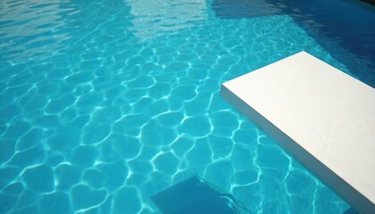 Poster - View of white diving board over bright blue outdoor swimming pool water reflecting sunlight. Summer vacation poolside recreational activity. Fresh style photo with clear sky.