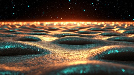 Wall Mural - set against an abstract background, a blue digital landscape includes a mountain and a beam of glitt