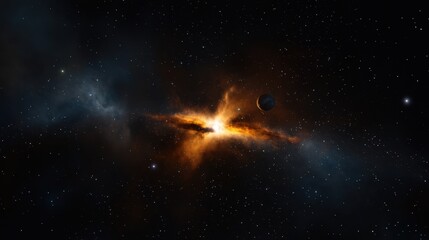 Wall Mural - bright orange and blue clouds burst in deep space, lit by a cosmic explosion. a small planet orbits 