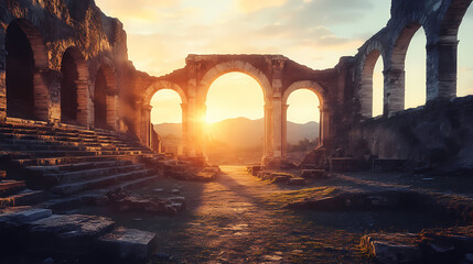 ruins of an ancient amphitheater at sunrise scenic landscape photography serene environment captivat