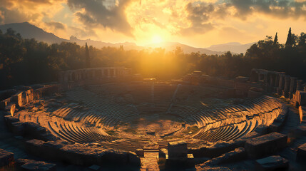 ruins of an ancient amphitheater at sunrise scenic landscape photography serene environment captivat