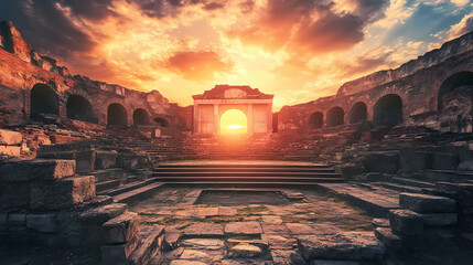 ruins of an ancient amphitheater at sunrise scenic landscape photography serene environment captivat