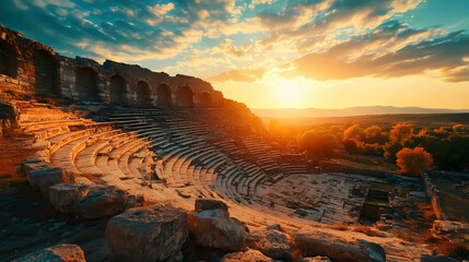 ruins of an ancient amphitheater at sunrise scenic landscape photography serene environment captivat