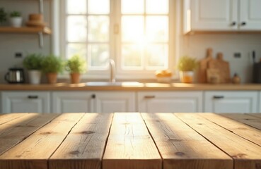 Wooden table top with blurred kitchen interior background. Sunlight from window. White furniture, bright modern clean natural light space style. Minimal cozy breakfast dining lifestyle.