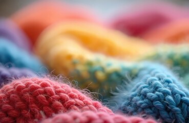 Poster - Closeup of soft multicolored knitted woolen rainbow texture. Warm winter clothes surface with copy space. Blurred textile with patterns. Knitted colorful woolen items.