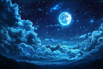 Wall Mural - Night sky, full moon, clouds, mountains, stars, digital art, fantasy, wallpaper