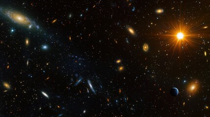 Wall Mural - countless galaxies spread across the night sky, illuminated by a brilliant sun. a nearby planet comp