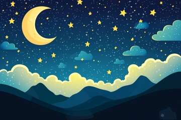 Wall Mural - Night Sky Mountainscape Crescent moon, stars, clouds over silhouetted mountains.  Background for design