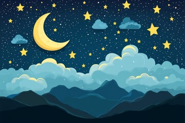 Wall Mural - Night sky, crescent moon, stars, mountains, clouds, backdrop, illustration