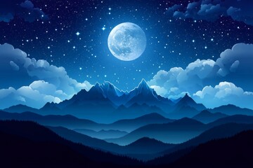 Wall Mural - Full moon over majestic mountains at night; starry sky, clouds