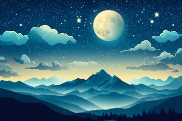 Wall Mural - night sky, mountains, full moon, clouds, stars, landscape, serenity, background, illustration, desig