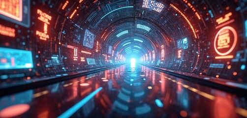 Poster - Futuristic digital tunnel illustration. 3D render of a modern computer surface environment. Virtual reality design. Glowing neon lights illuminate hi-tech industry cyberspace panorama.